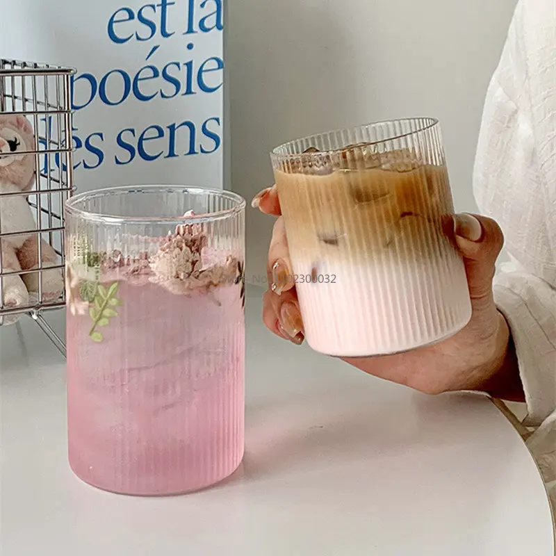 Taza de agua de vidrio transparente a rayas japonesas para el hogar, taza de celebridades Ins para beber jugo, vasos de vino, regalo de cumpleaños,