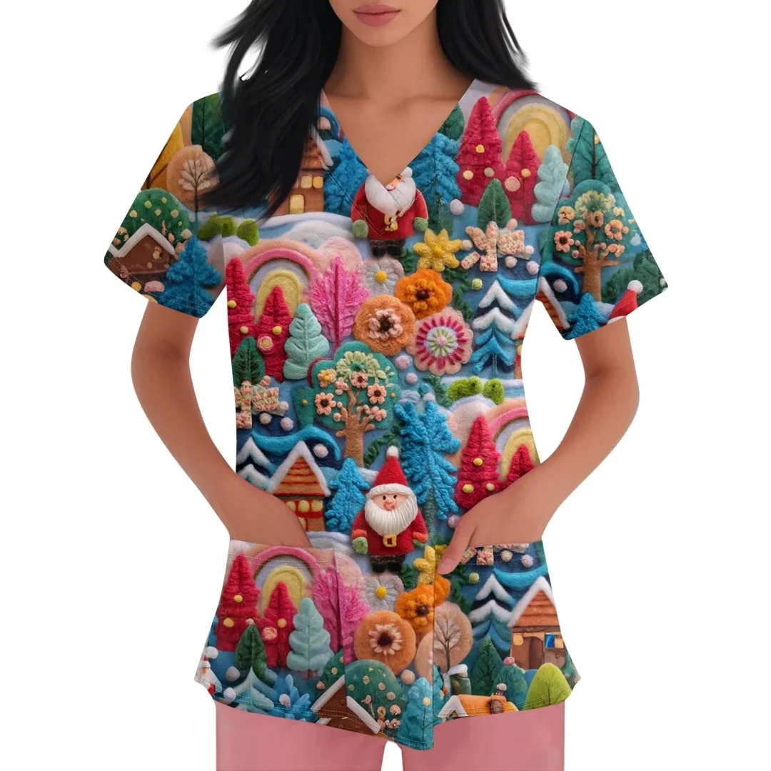 Uniforme clínico mulher rena papai noel impressão natal com decote em v esfrega mulher moda manga curta uniformes cirúrgicos mulher topo