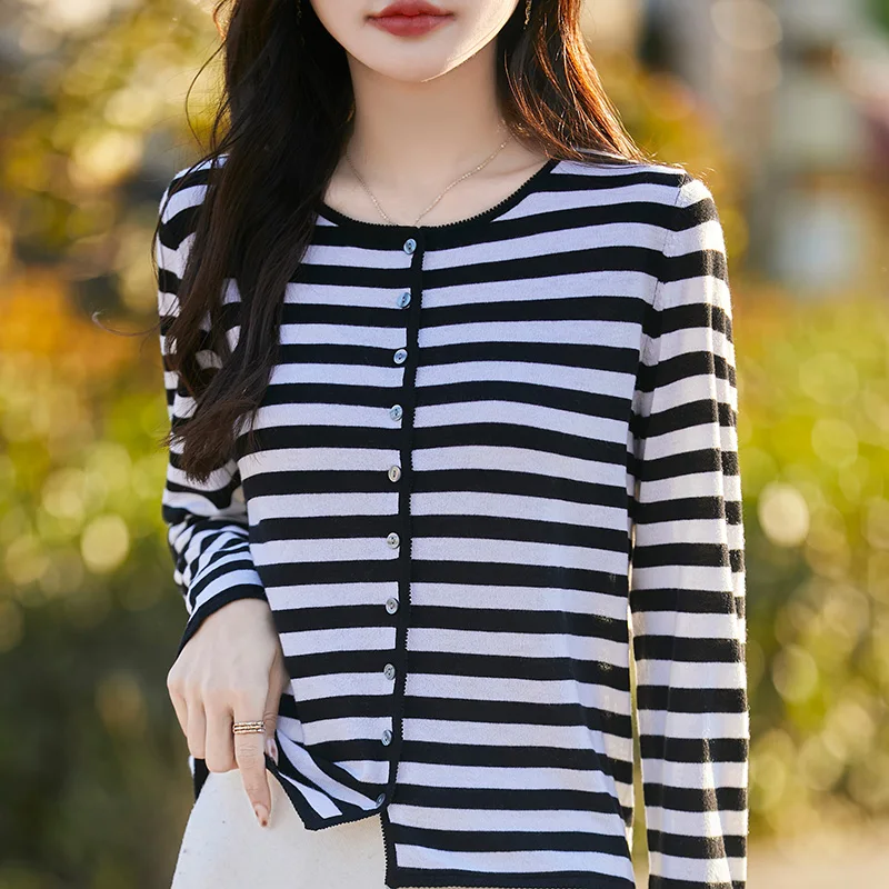 Women's Striped Knit Cardigan - Versatile Slim-Fit Wool Sweater Jacket with Single Chest Pocket