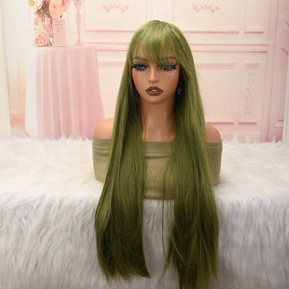 Olive Green Long Straight Wig, Natural Full Bangs Synthetic Wig for Women Halloween Costume Club Dating Wear