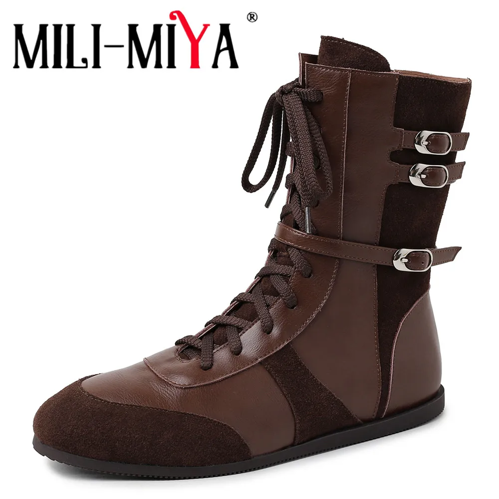 MILI-MIYA Women's Round-Toe Flat Casual Ankle Boots In a Combination Of Full-Grain And Split Cowhide Leather Handmade For Ladies
