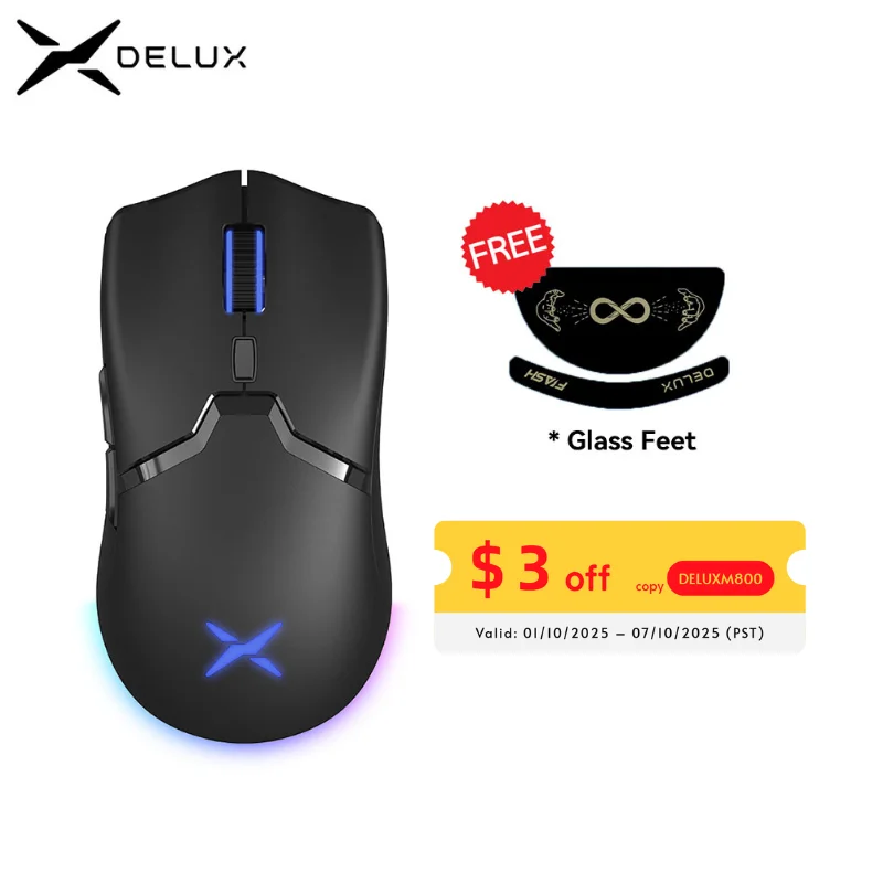 Delux M800PRO PAW3395 Mouse para jogos sem fio RGB light 26000DPI com fio programável ergonômico recarregável mouse para PC laptop gamer