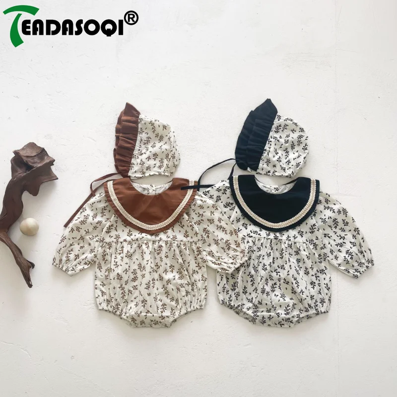 

2024 Autumn Spring Bodysuits+Hat 2Pcs Newborn Baby Girls Full Sleeve Floral Ruffles One-Set Infant Kids Overalls Toddler 0-3Y