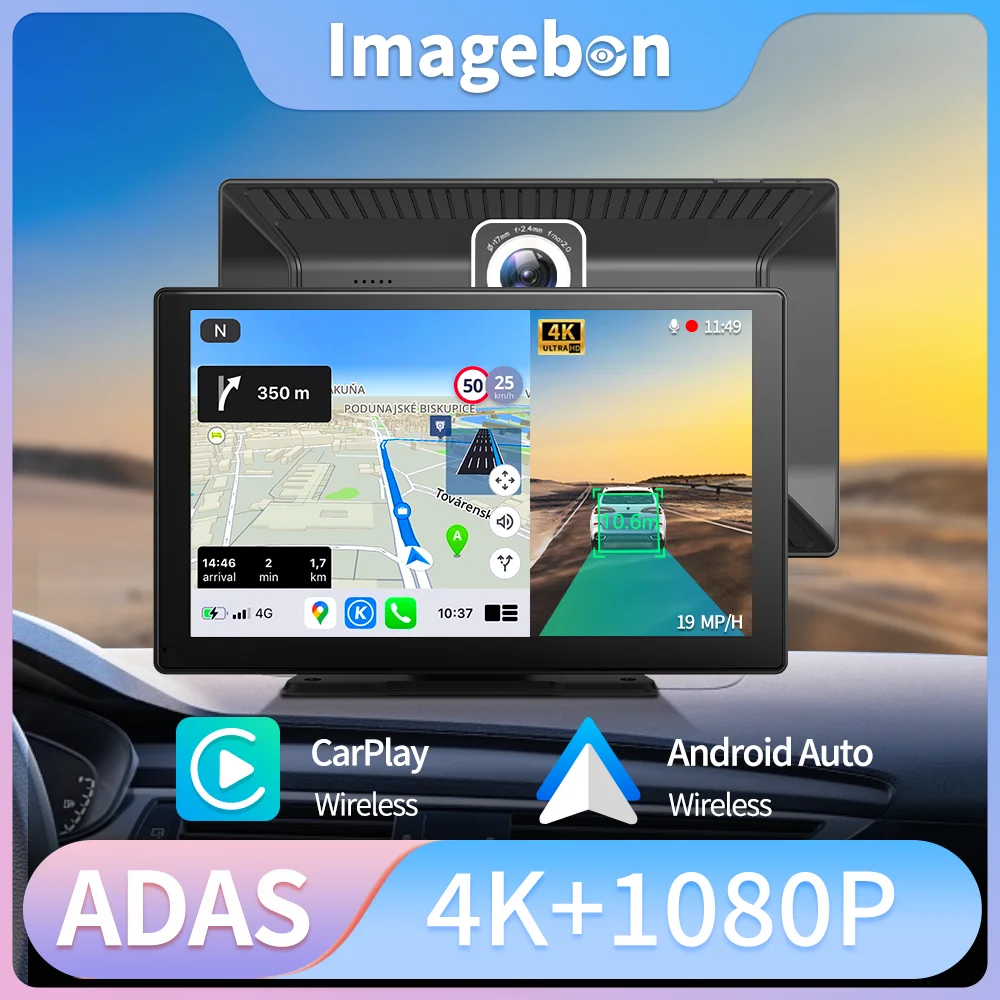 

Imagebon 9 Inch 4K Dash Cam Wireless Carplay & Android Auto Rearview Camera 24h Park Monitor GPS Navigation Dashboard Car DVR