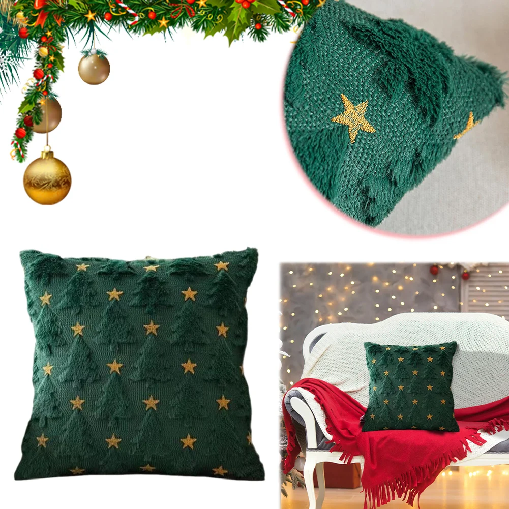 Capa de almofada com padrão de Natal com estrela amarela, capa de almofada de árvore de Natal de pele sintética para decoração de férias de inverno