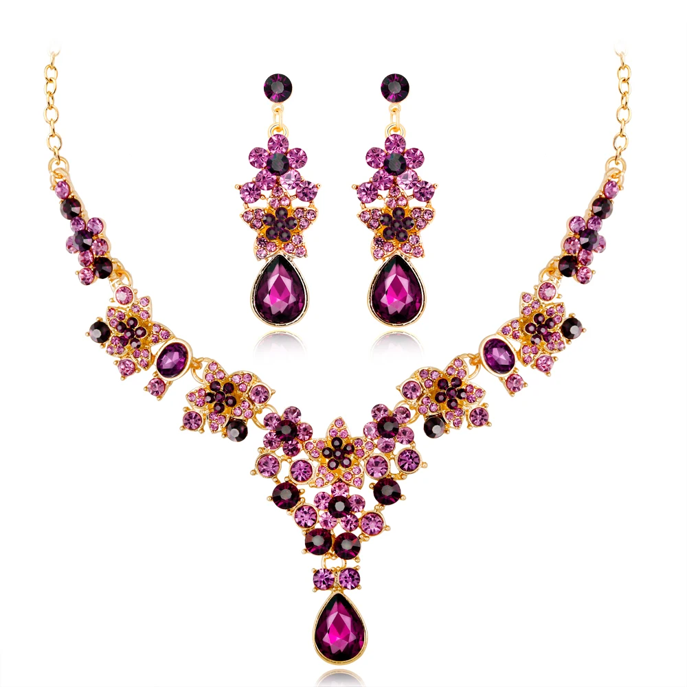 Luxury Purple Crystal Star Rhinestone Bridal Jewelry Sets for Women Bride Necklace Earrings Wedding Jewelry Set Fashion