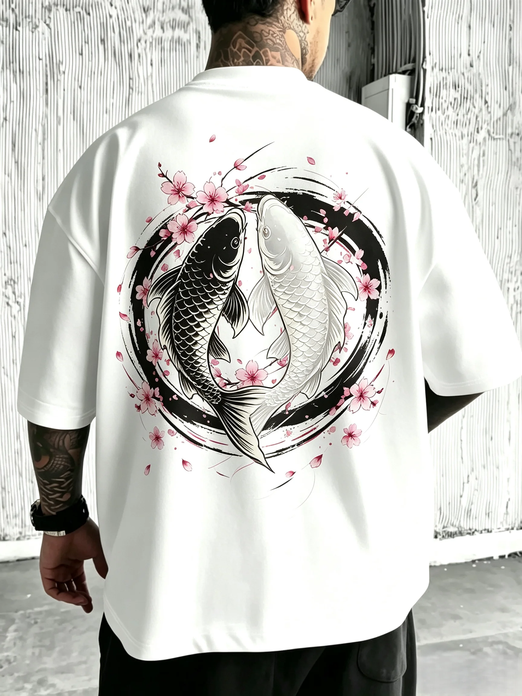 Unisex Yin Yang Koi Fish T-Shirt Men Women Cherry Blossom Sakura Graphic Back Print Tee Japanese Tattoo Oversized Harajuku Streetwear Short Sleeve Tops