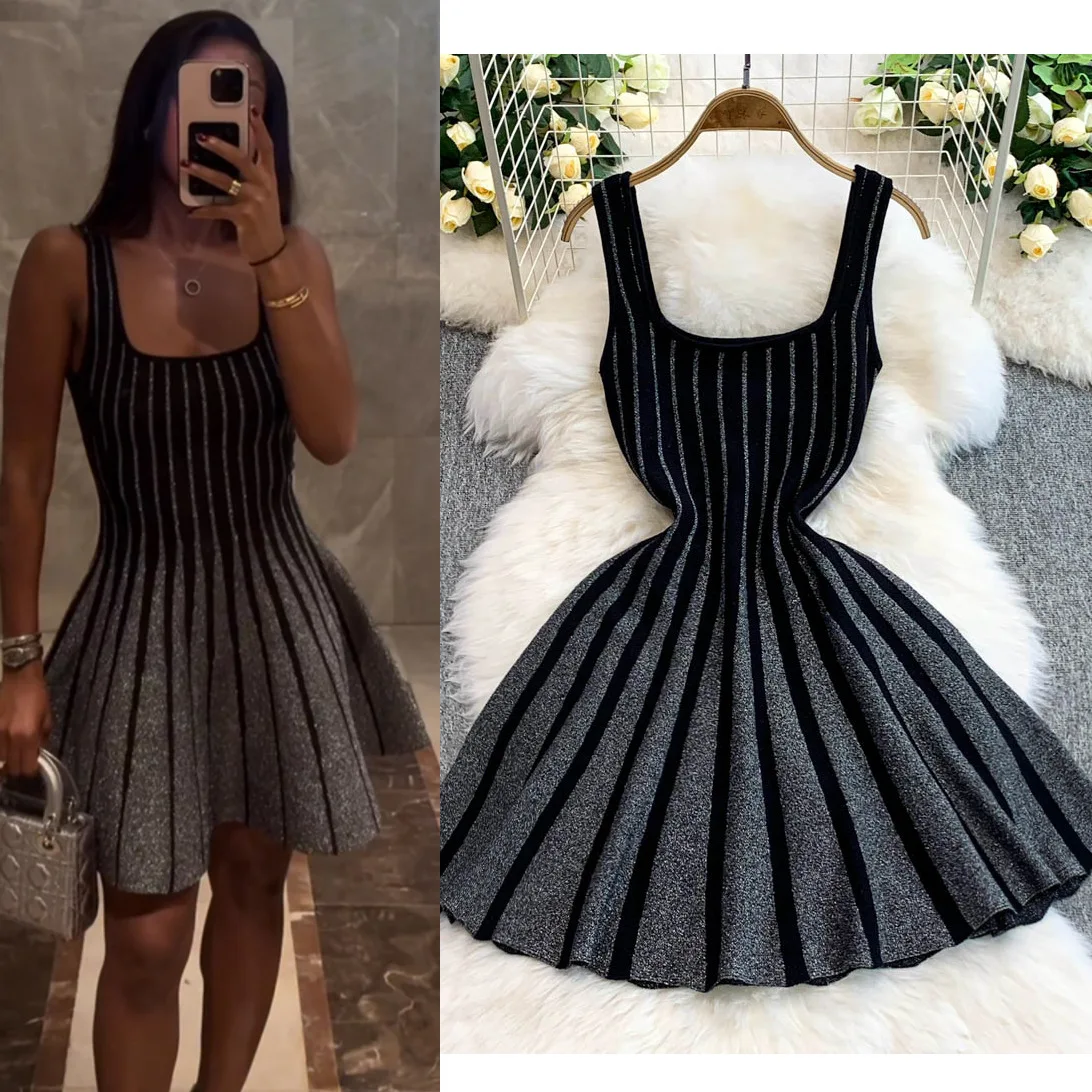 

Mini Dress Women Sling Dresses A Line Vestidos Striped Round Neck Sleeveless Elegant Club Y2k Streetwear Party Night 2025