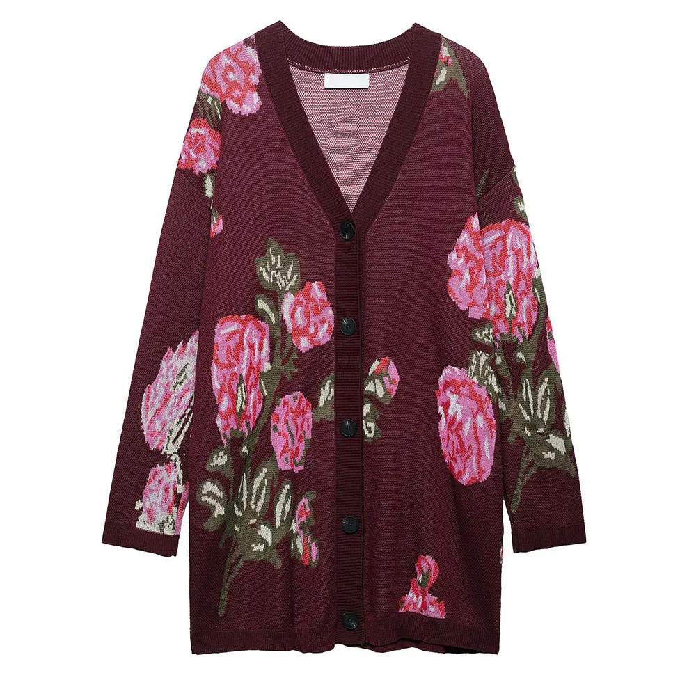 Cárdigan de punto Jacquard de mezcla de lana a la moda con apliques de rosas hiladas, camiseta abierta de estilo europeo y americano para mujer