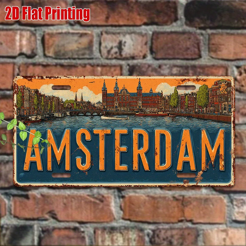 2D Amsterdam City Landscape Vintage Metal License Plate Retro Travel Souvenir Metal Wall Decor Sign