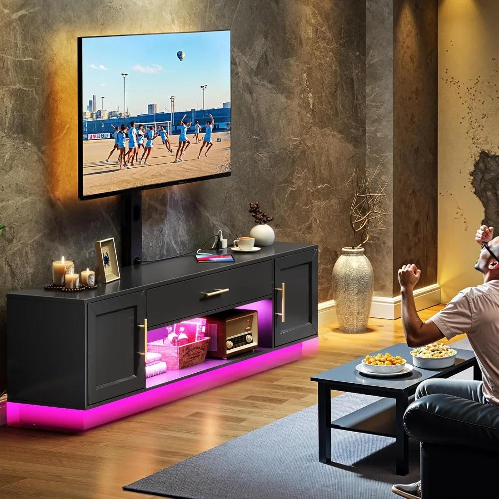 Soporte para TV con toma de corriente de montaje de 65,7 pulgadas, centro de entretenimiento LED giratorio para televisores de hasta 75 pulgadas, mesa consola de TV multimedia moderna