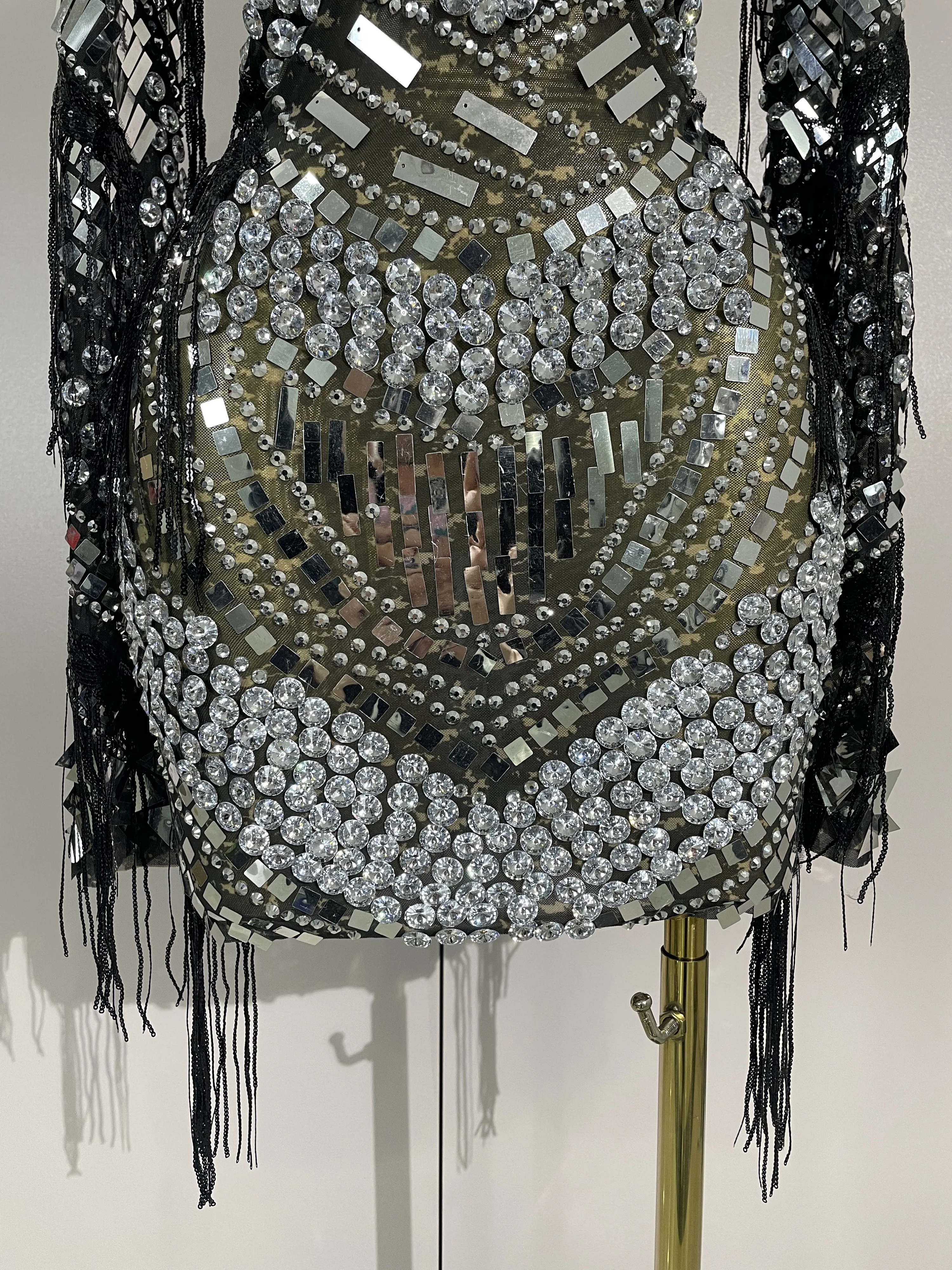 Sparkly Diamonds Sequin Tassels Long Sleeves Sheer Mini Dress Evening Party Luxury Birthday Sexy Mesh Nightclub Photo Shoot Wear