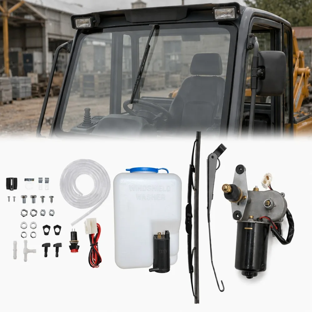 12V Heavy Duty Windshield Wiper Motor Kit with Washer Reservoir for Loader Forklift Excavator Construction Cab