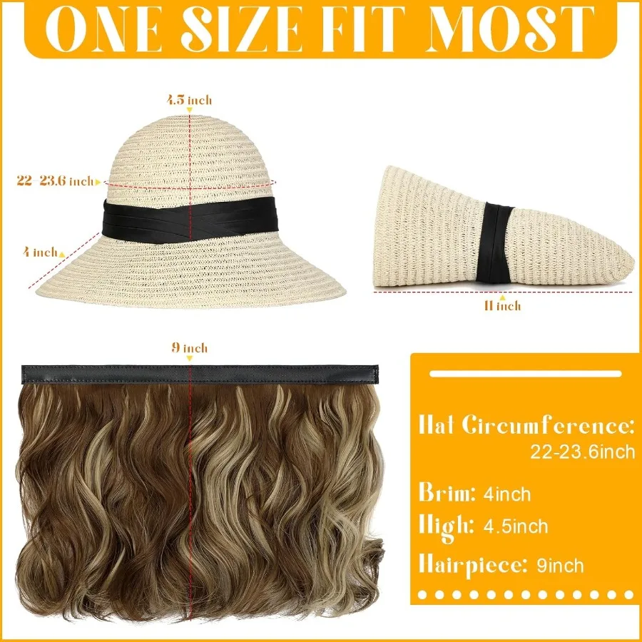 Sonnenhut mit Haarverlängerungen für Damen, Sommer: faltbarer Strandhut aus Stroh mit breiter Krempe und befestigtem 9-Wellen-Synthetik-Haarteil UPF