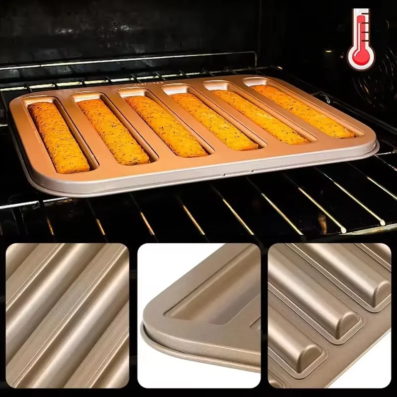 Durable Carbon Steel Baking Tray with 6 Cavities for Muffins and Long Biscuit Sticks Non-Stick Surface