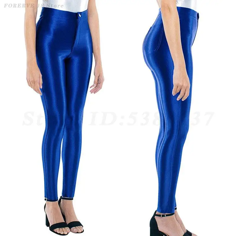 

Women Casual Solid Fluorescent Leggings Shiny Glossy Plus Size Multicolor Legging Female Pant Sporty Elastic Clothes