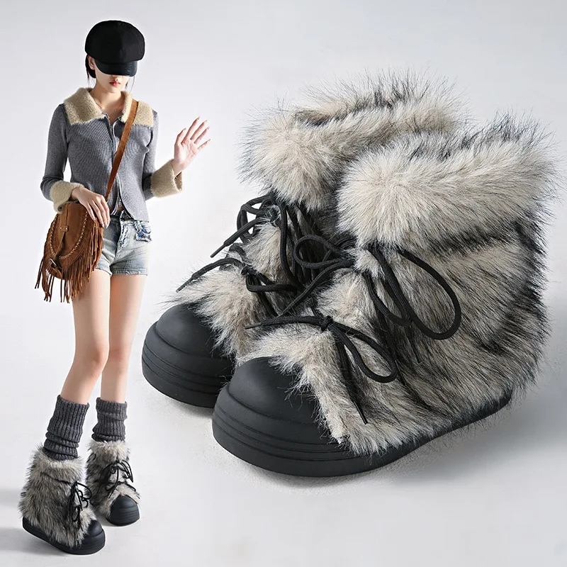 Retro Trendy Hairy Snow Boots for Women in Winter 2025,Fashion Warm,Cold Resistant,Thick Soled,Height Increasing Platform Boots