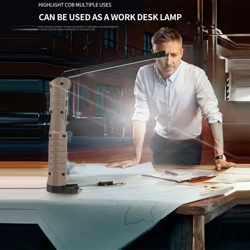 Lampada da lavoro a LED ricaricabile tramite USB Lanterna COB da 1000 lumen con indicatore di capacità di alimentazione Torcia con maniglia per riparazioni auto all'aperto