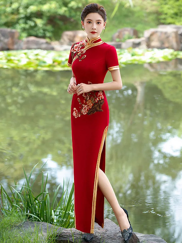 

Длинное платье Ele для сценических выступлений и свадебных церемоний, винтажное, с высоким разрезом, коротким рукавом, из дышащей ткани