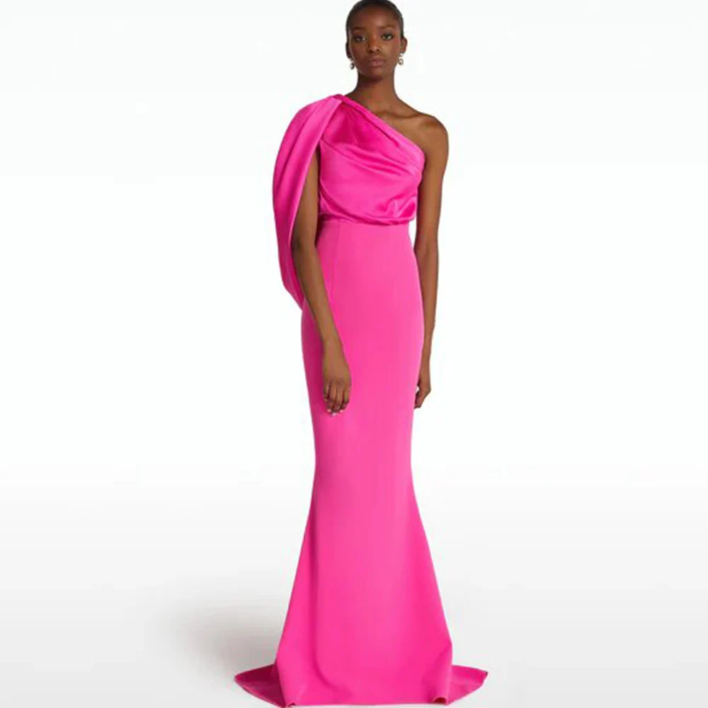 

Charming Evening Dresses Satin&Jersey Mermaid/Trumpet Homecoming Gown Hot Pink One-shoulder Cap Sleeve Party Dress Long 2024