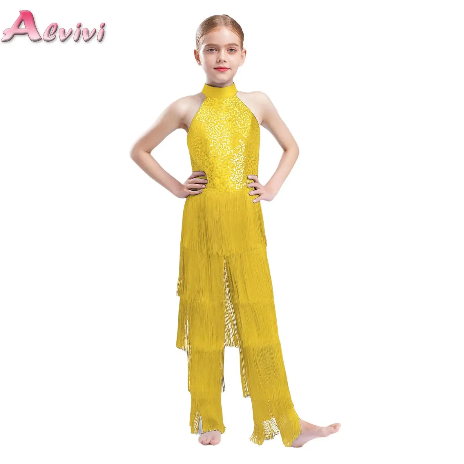 

Kids Girls Sequins Jumpsuit Tiered Tassel Rompers Halter Sleeveless Leotard Bodysuit for Cha-cha Latin Jazz Dance Performance