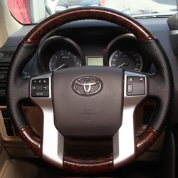 for Toyota Land Cruiser Prado 2010-2017 Hand-stitched non-slip black genuine leather peach wood grain car steering wheel cover