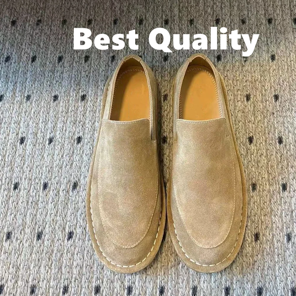 Cow suede material Shoe Round Toe Vintage Loafers Genuine Leather Simple Flat Shoes Women's Solid Color Versatile Casual Shoes