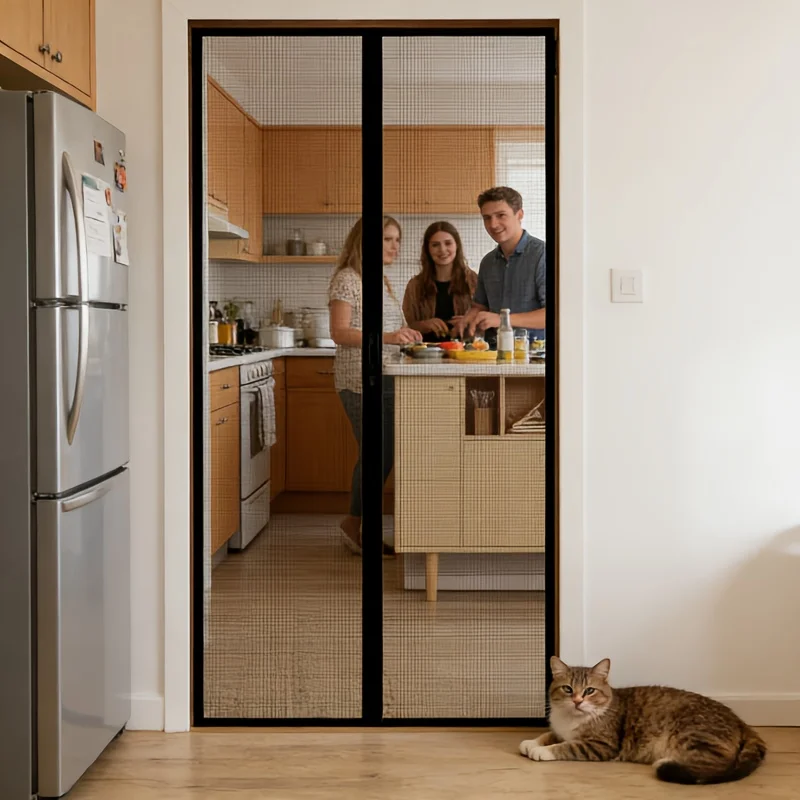Easy to install pet friendly screen doors, effectively preventing mosquitoes, and providing ventilation and breathability