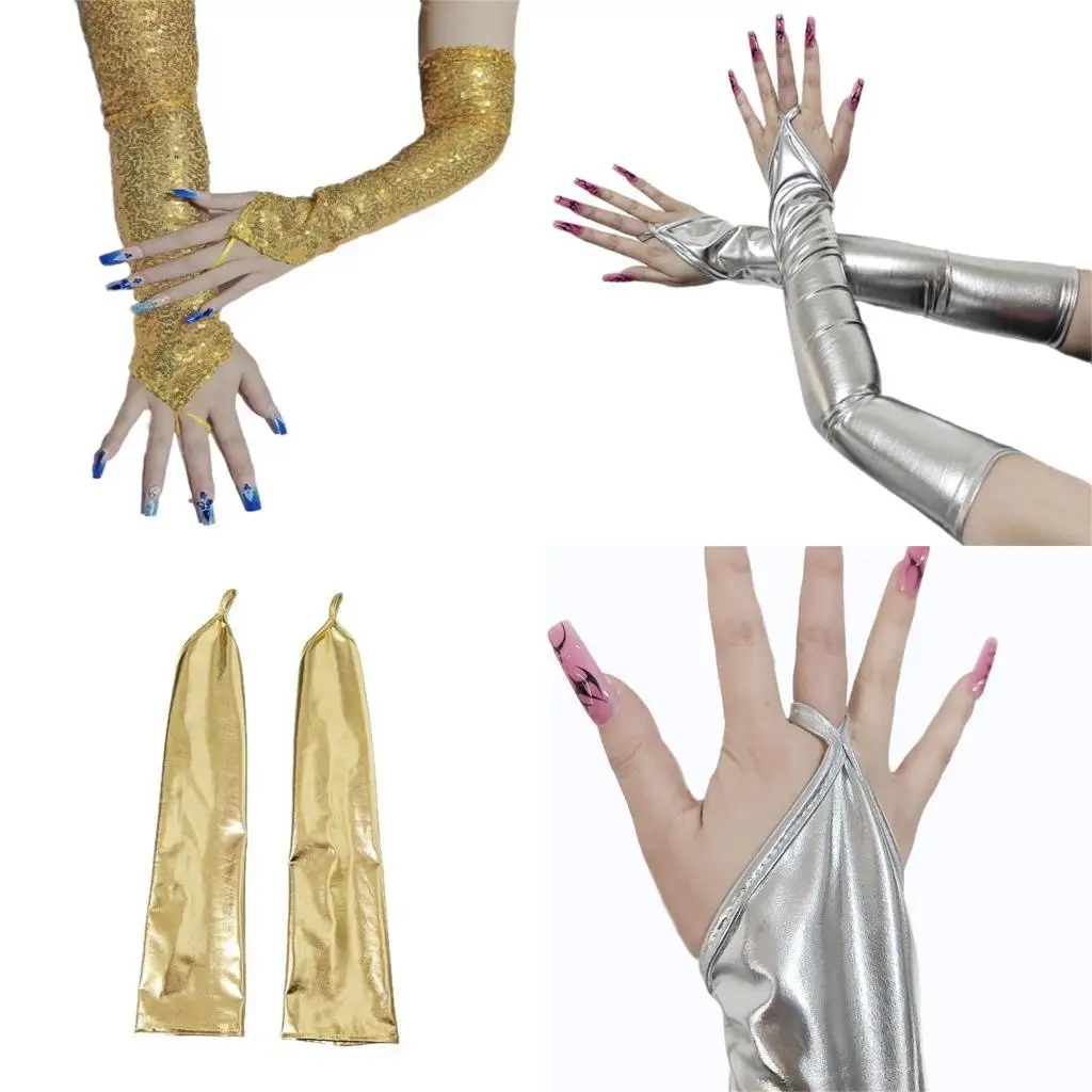

39BD Adaptable Glossy Faux Leather Gloves Water Metallic Design For Costume Play And Evening Event