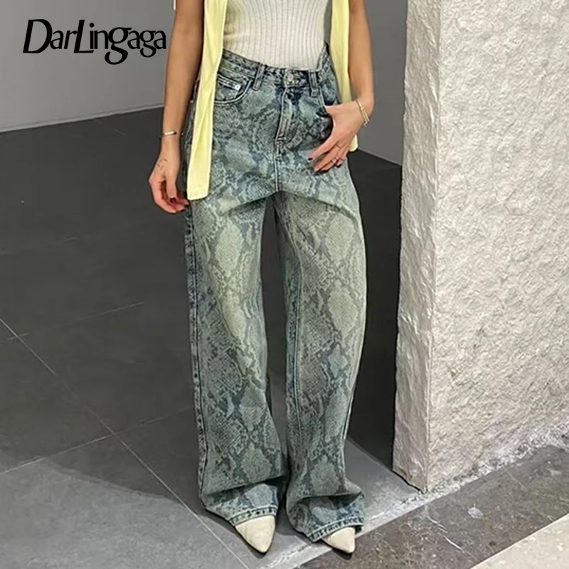 

Darlingag Serpentine Print Straight Leg Casual Jeans Women's Low Waist With Pockets Basic Denim Trousers 2025 Vintage Streetwear