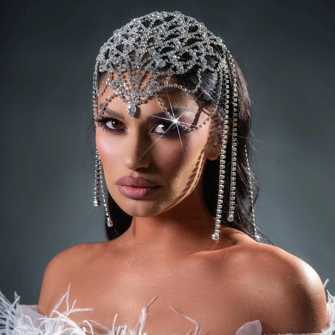 Exotic Charm Fully Paved Crystal Hair Chain European American Style Exaggerated Tassel Hair Accessory for Stylish Hairdos