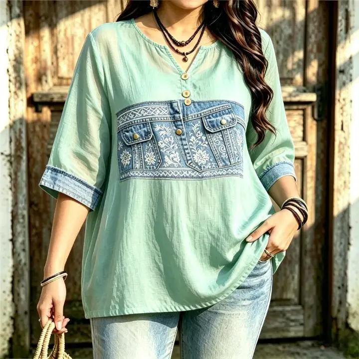 Women Faux Denim Chest Panel Print Blouse Notched Neck 3/4 Sleeve Loose Fit For Curvy Figures Daily Casual Ladies Pullover Tops