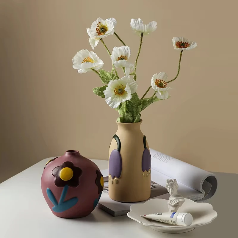 Cutelife Nordic Large Ceramic Painted Morandi Flower Vase Retro Style Plant Vases For Decoration Home Vintage Wedding Table Vase