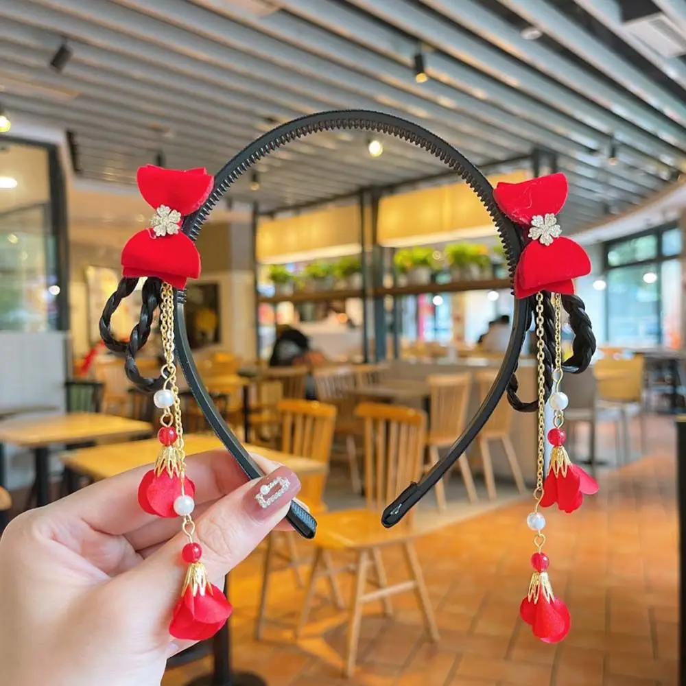 

Sweet Cute Girls Pearl Bow Pigtail Wig Tassel New Year Headress Chinese Style Hair Band Hanfu Hair Hoop Children's Headband