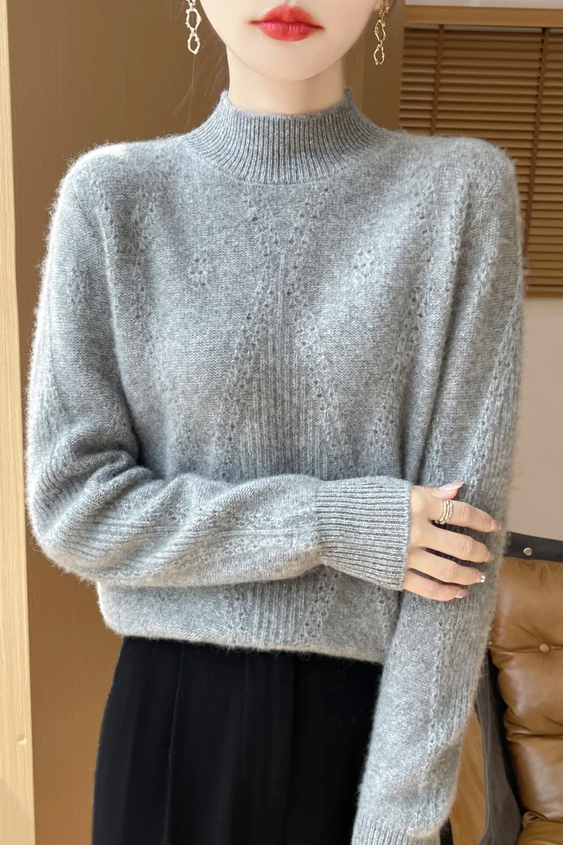 

Полый свитер с ромбами, женский трикотаж из 100% мериносовой шерсти, толстые шикарные мягкие теплые пуловеры, удобные простые базовые топы с воротником-стойкой