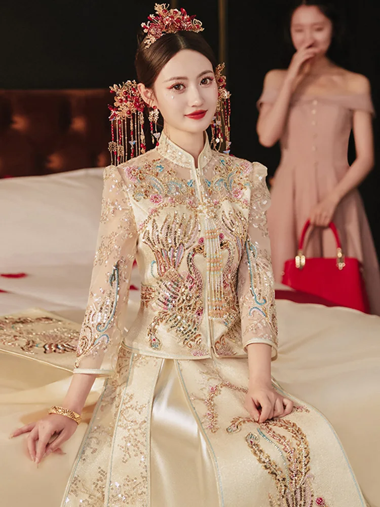 Elegant Champagne Cheongsam Sequins Beading Chinese Style Phoenix Embroidery Wedding Dress Marriage Set Bride Costume