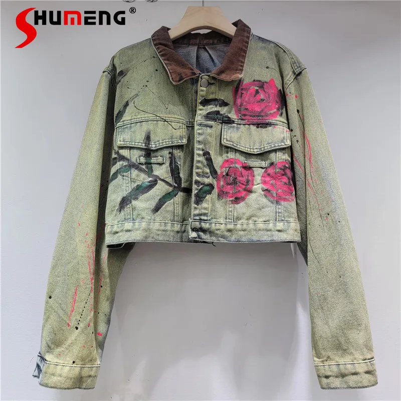 

Women's 2025 Spring Autumn New Graffiti Tooling Jackets Women's Printed Lapel Denim Jackets Female Long Sleeve Chic Denim Coats