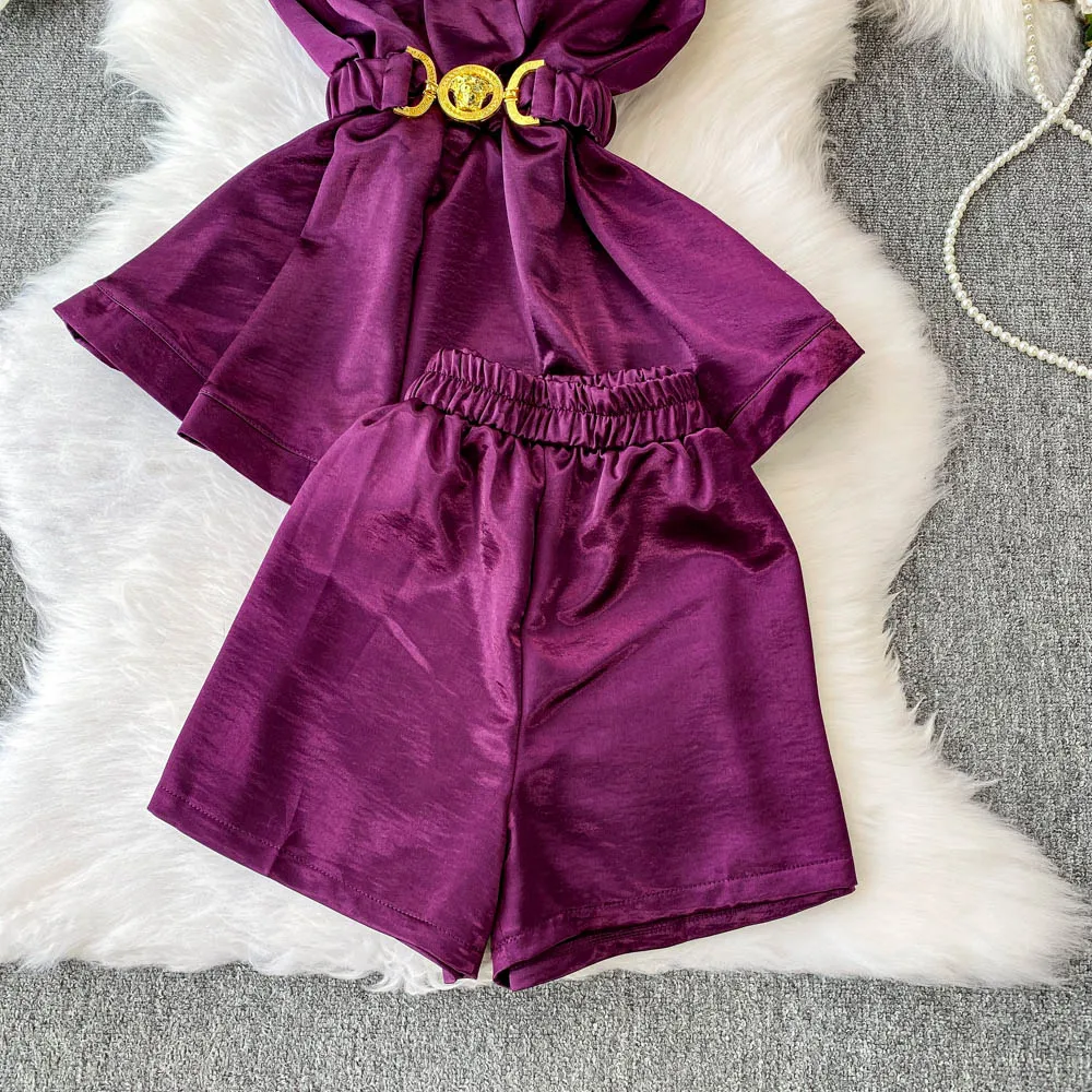 Feminino roxo conjuntos sênior roupa senhora verão elegante luxo cinto terno jantar banquete festa tropical praia férias sexy conjunto