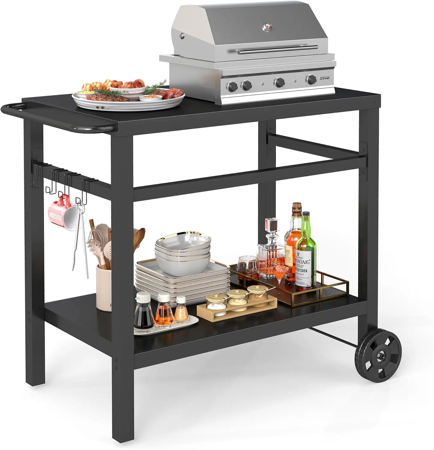 

2-Tier Outdoor Grill Table with Metal Top BBQ Prep Cart for Patio Backyard