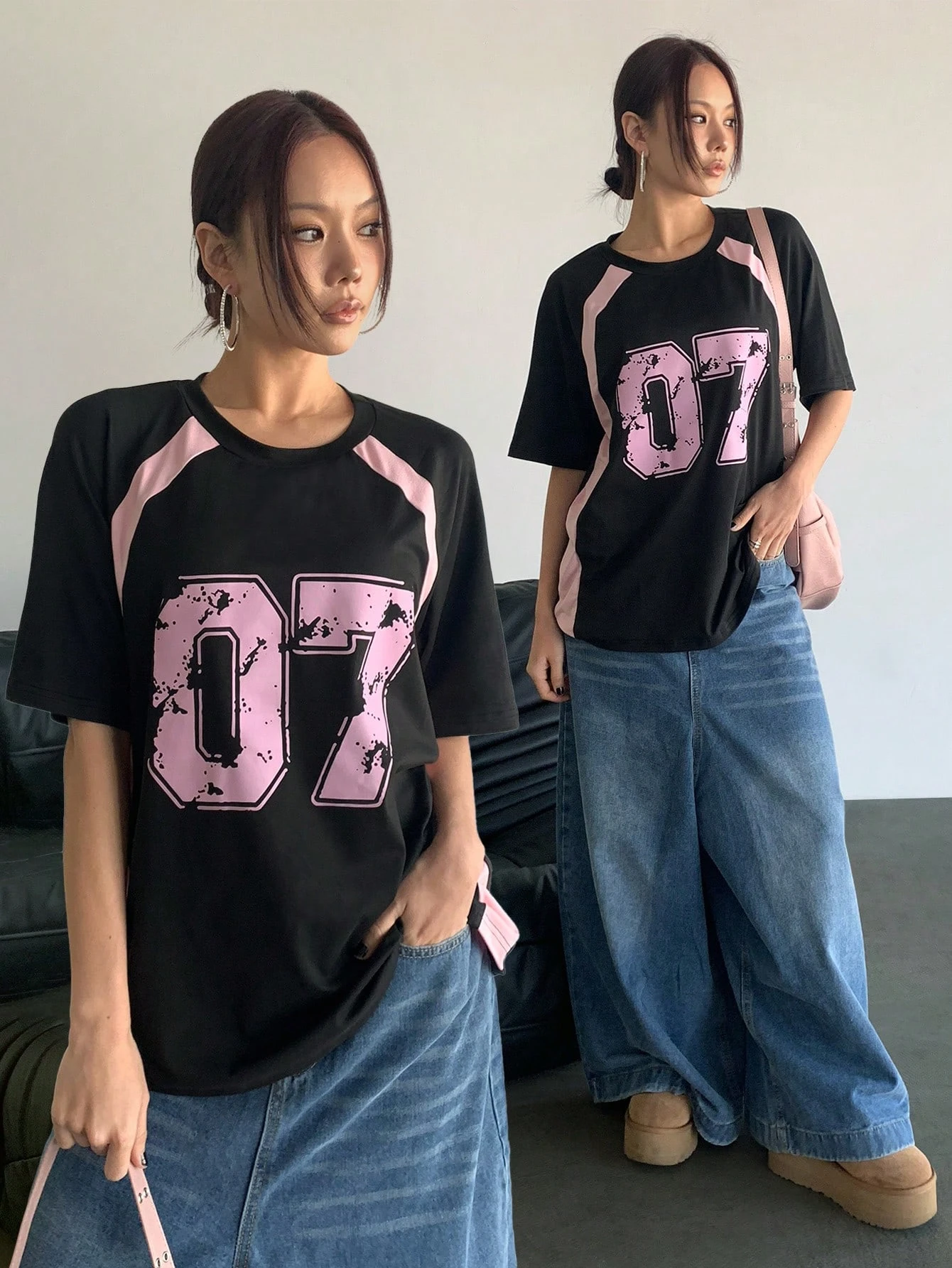 Ropa de mujer moda Casual cuello redondo contraste Color número 07 ropa informal estampada camiseta camisetas deportivas y Tops de moda