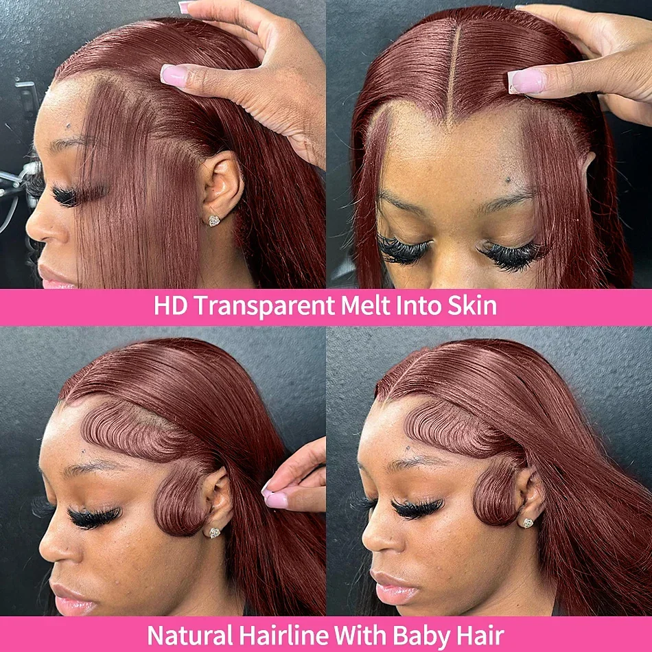 Reddish Brown Straight 13x4 Hd Synthetic Lace Front Wig Red Heat Resistant Glueless Colored Wear And Go Pre Plucked Women Daily 3