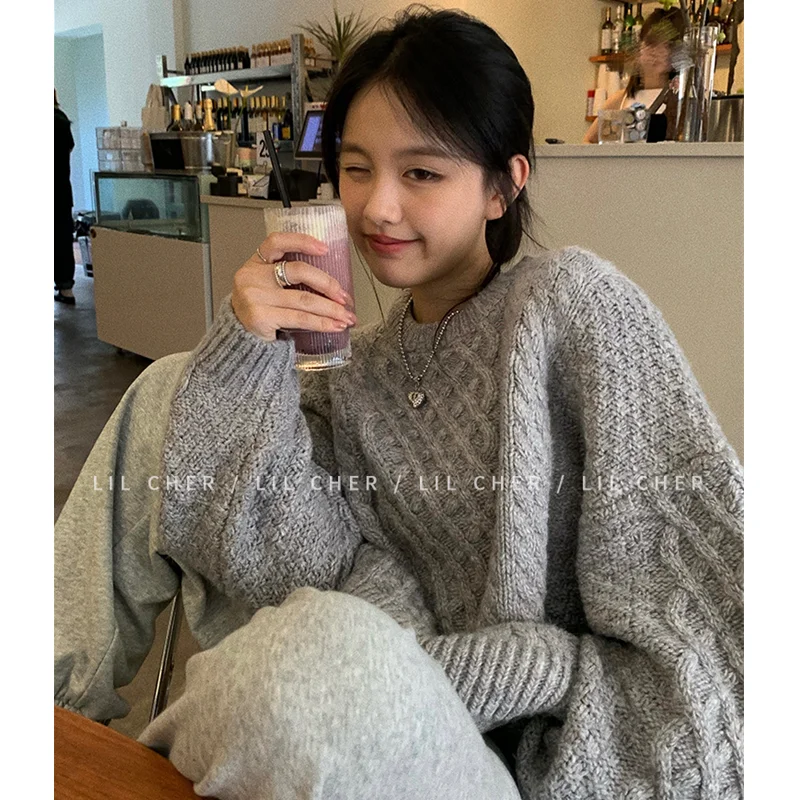 Winter Women Blue Sweater Crew Neck Twist Korean Fashion Lazy Wind Leisure Loose Vintage Pullover Long Sleeves Knitting Tops