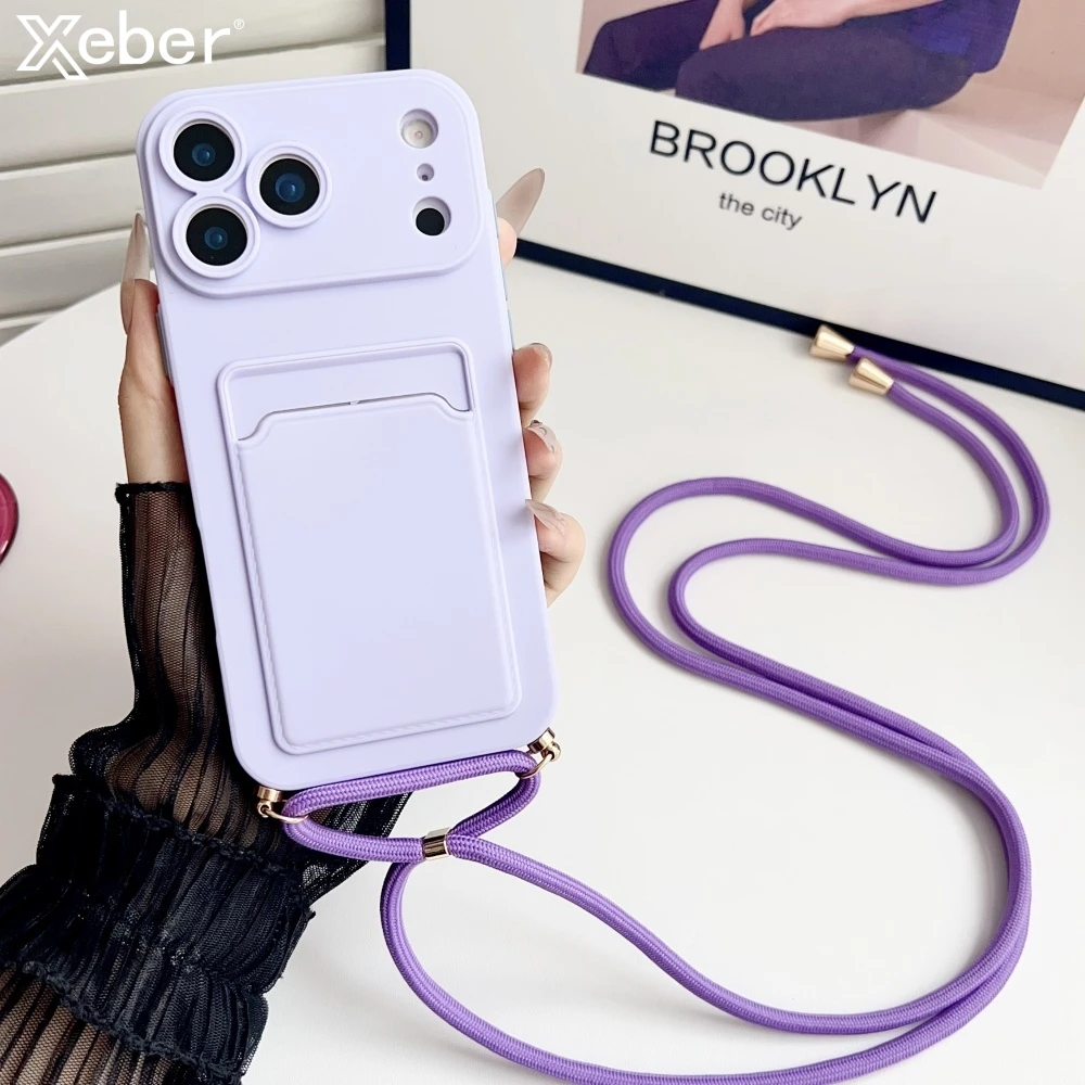 

Crossbody Lanyard Rope Slot Card Holder Wallet Case For iPhone 16 15 17 14 Pro Max Plus 13 12 Mini XR XS X Soft Silicone Cover