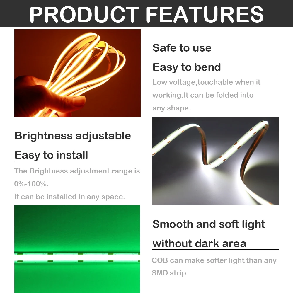 COB LED Strip 320 384 528LEDs/m High Density Flexible Tape Ribbon 8MM 10MM PCB 3000-6000K Red Green Blue Yellow RA90 DC12V/24V