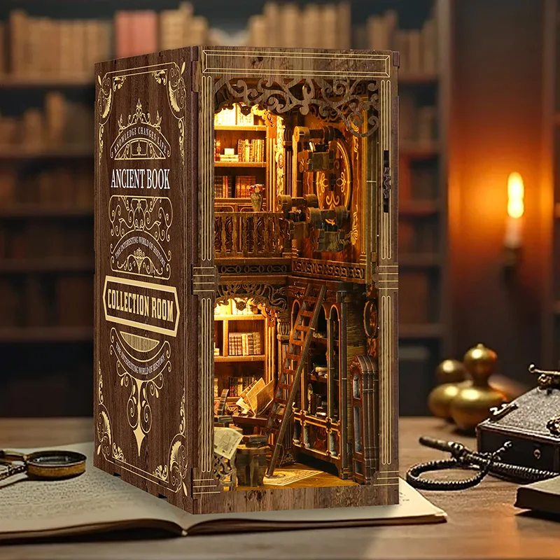 DIY Wooden Antique Book Collection Room Book Nook Shelf Insert Miniature Model Kits With Light Bookshelf Bookend Friends Gifts