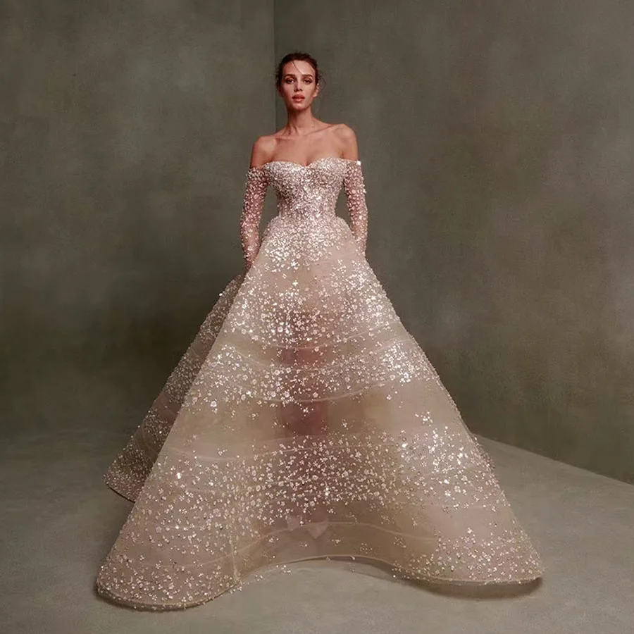 

Luxury Dubai Champagne Gold A-line Evening Dress Off Shoulder Arabic Wedding Dress Sequins Bridal Ball Gown Party