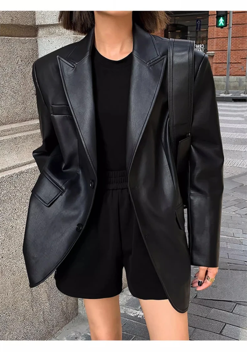 Lautaro Autumn Black Brown Soft  Pu Leather Blazer Women Shoulder Pads Long Sleeve Single Breasted Loose Casual Korean Fashion