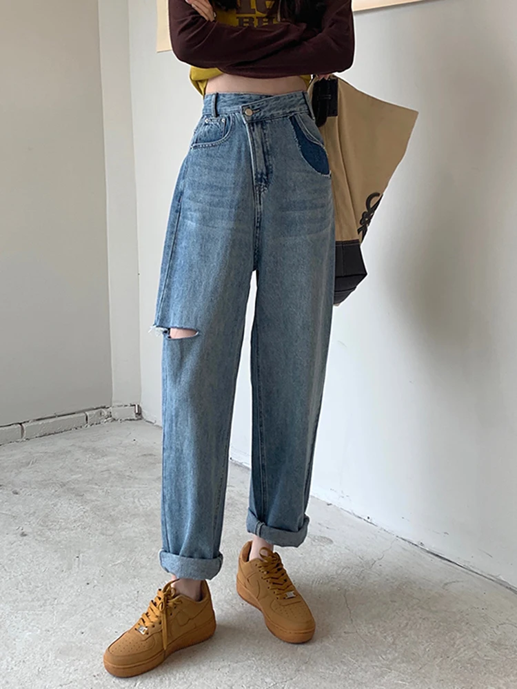 

S-XL Summer 2022 korean Style women Color Patchwork Ripped denim pants Casual high waist straight jeans for womens (78837)