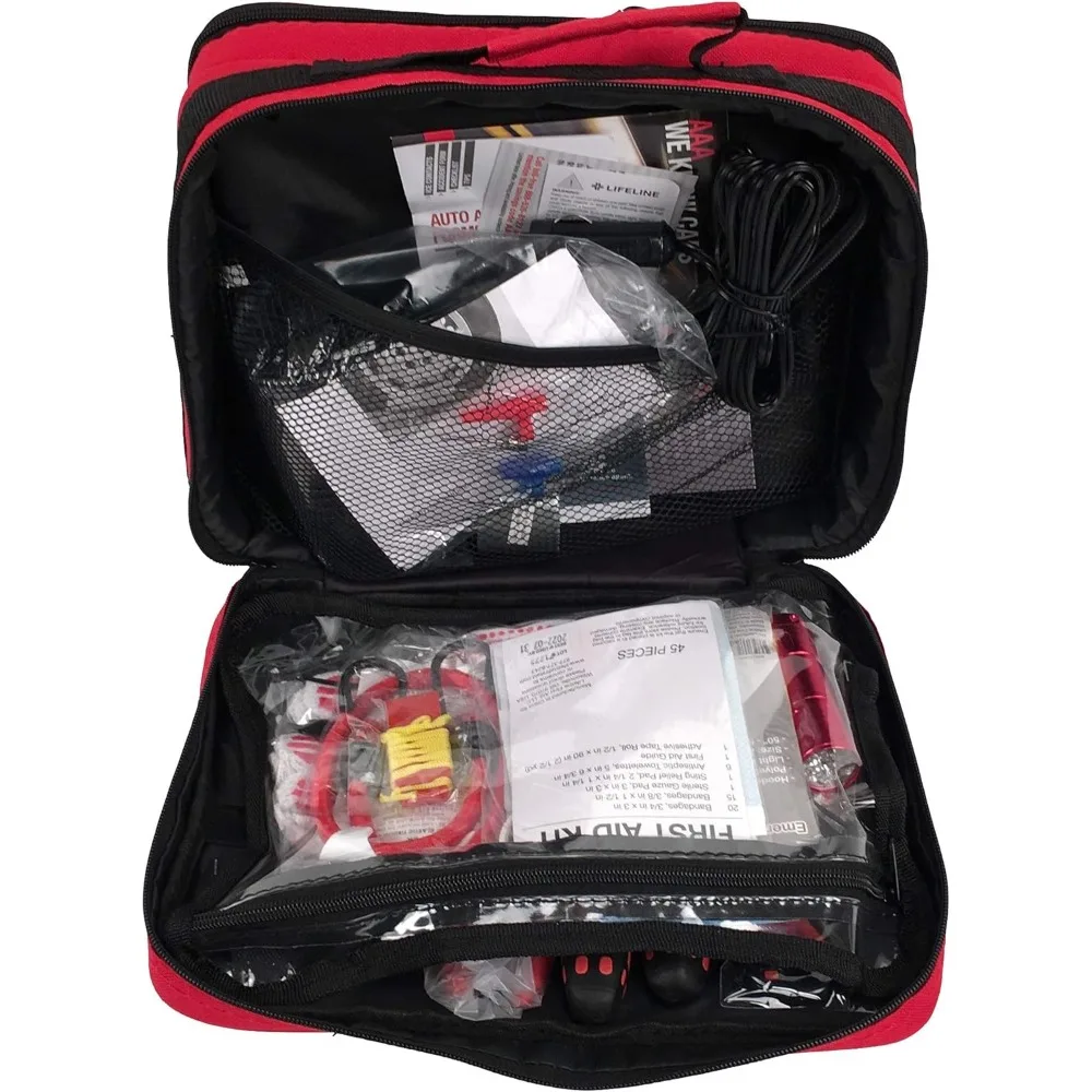 طقم ضاغط هواء للسيارة مكون من 76 قطعة مع كابلات توصيل ومصباح يدوي وأساسيات الإسعافات الأولية