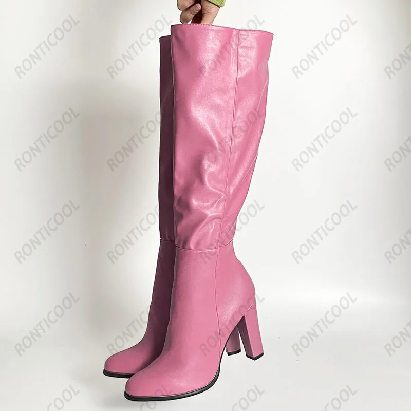Ronticool High Quality Handmade Women Winter Knee Boots Side Zipper Chunky Heels Round Toe Black Dress Shoes Plus US Size 5-20